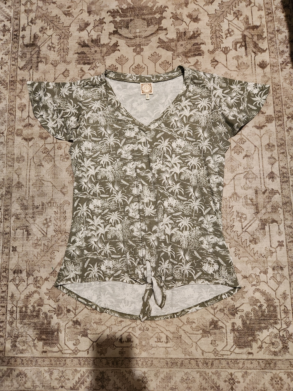 Olive Palm-Print Button Front Tie V-Neck Top